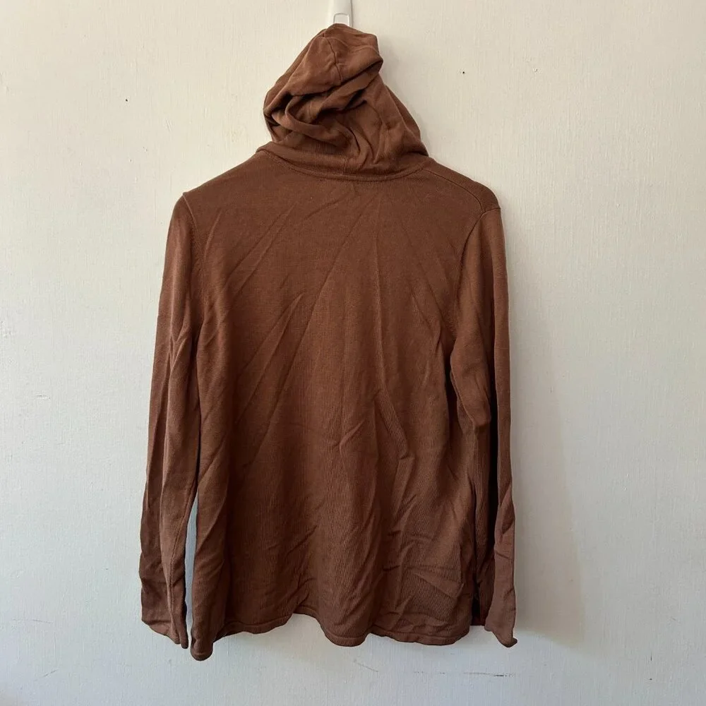 Isaac Mizrahi Live Sweater Large Brown Hooded Knit Pullover Pockets Goblincore